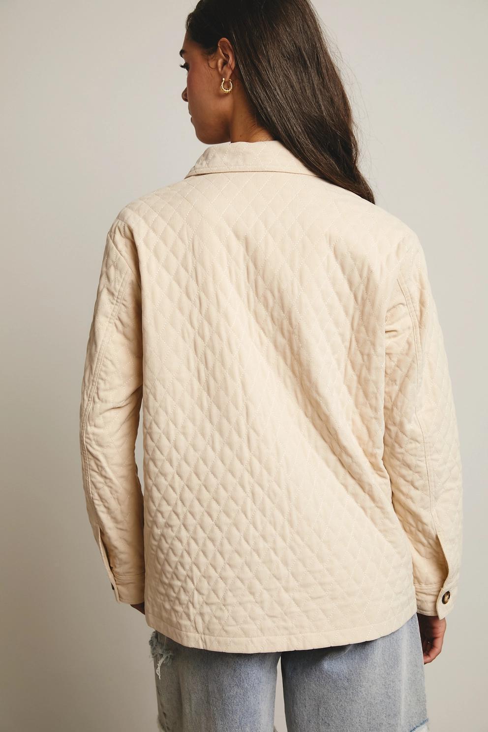 Diamond Quilted Corduroy Button-Up Jacket (Ecru)