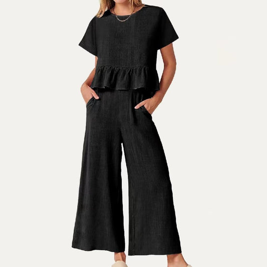 Black Love Life Short Sleeves Top and Wide Leg Pants Two-Piece Set