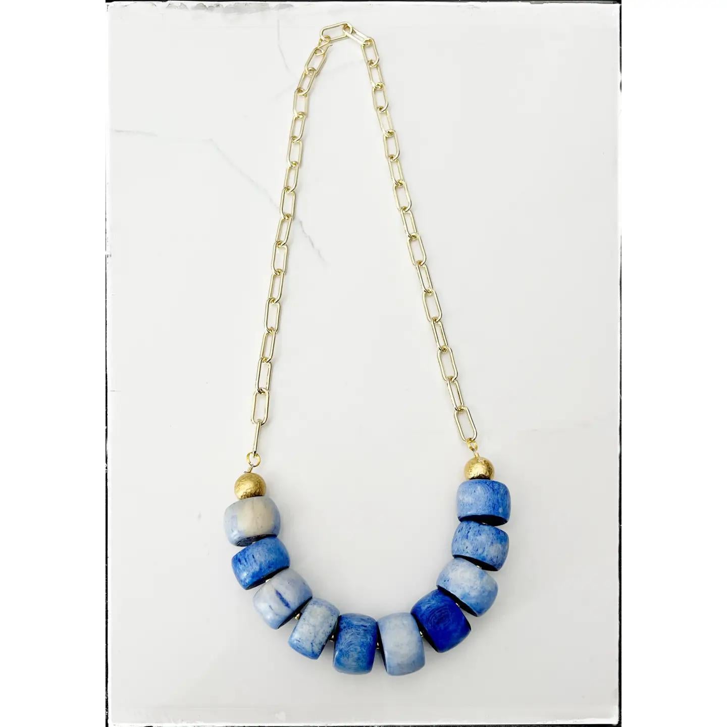 Paperclip Chain Necklace Carabiner Blue African Bone Bead
