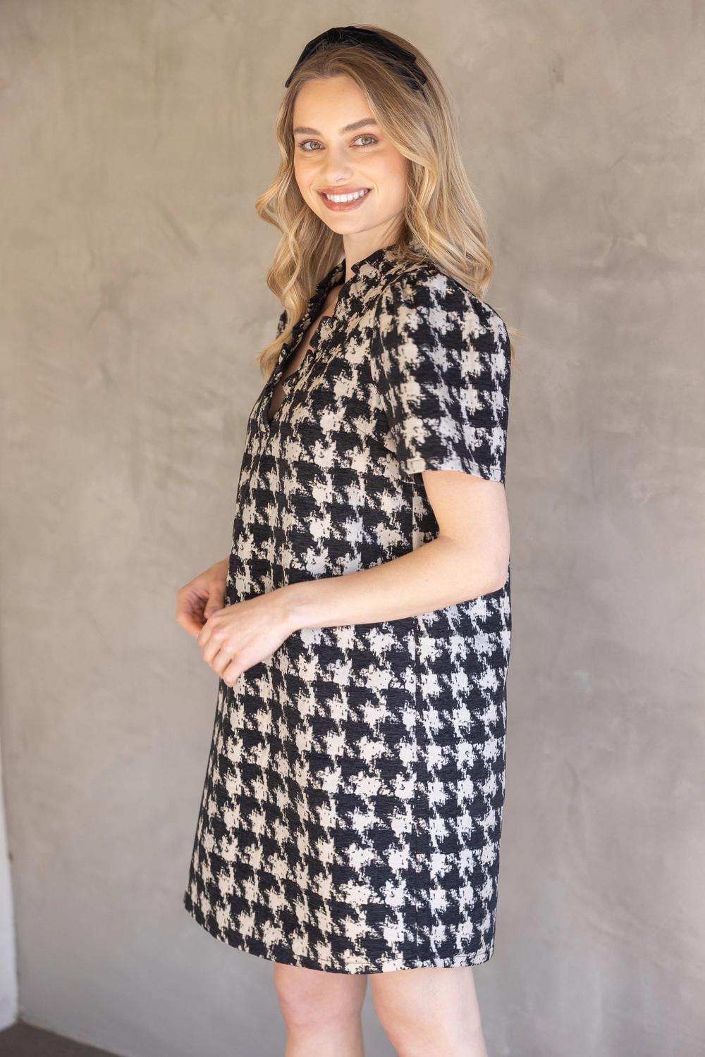 Houndstooth Velvet Ruffle v Neck Shift Dress