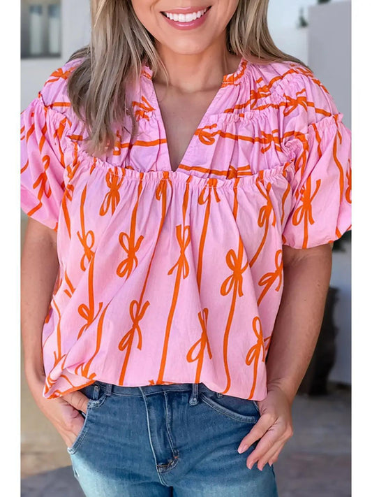Bowknot Print Shirred V Neck Summer Blouse