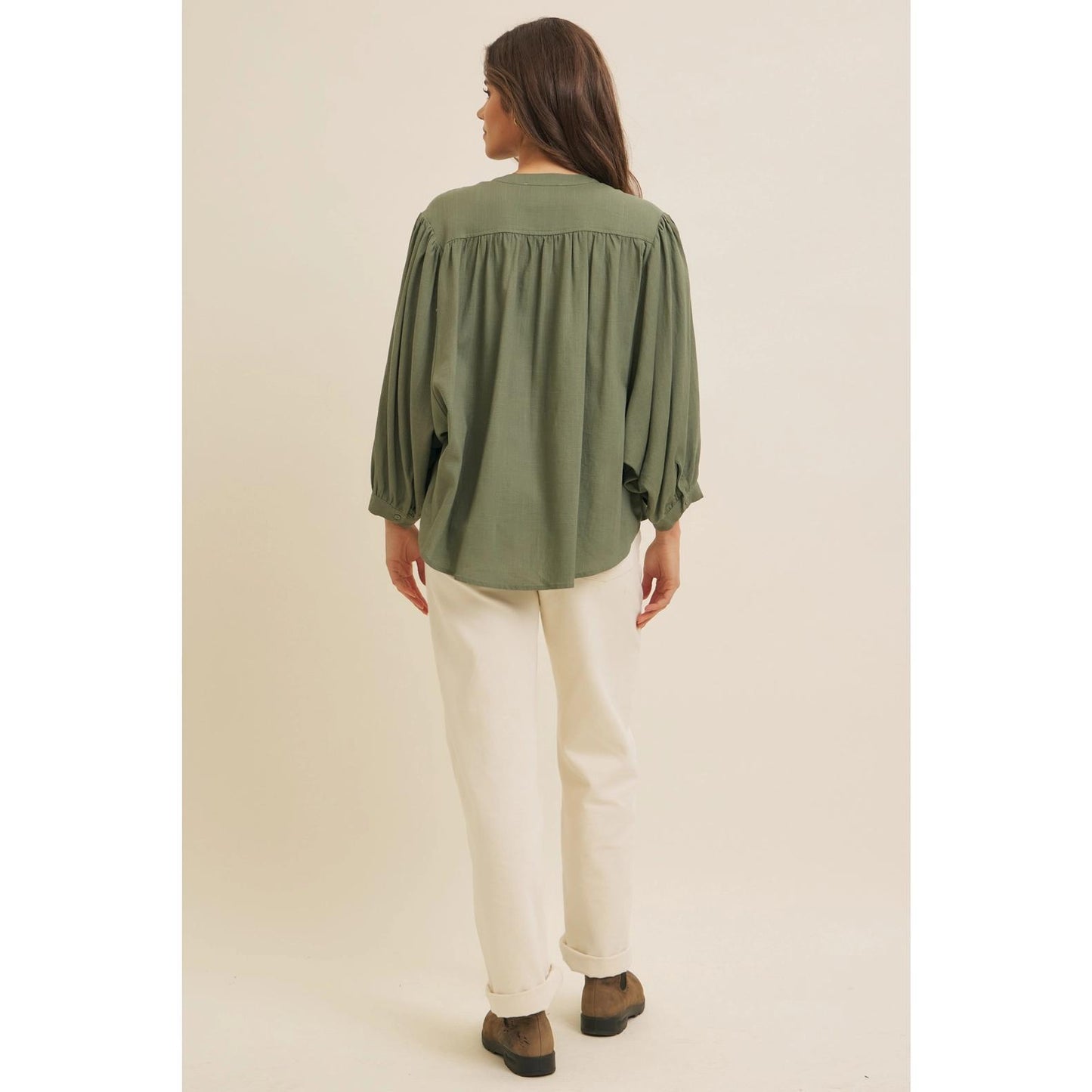 Olive Linen Blend Oversized Button-Down Blouse