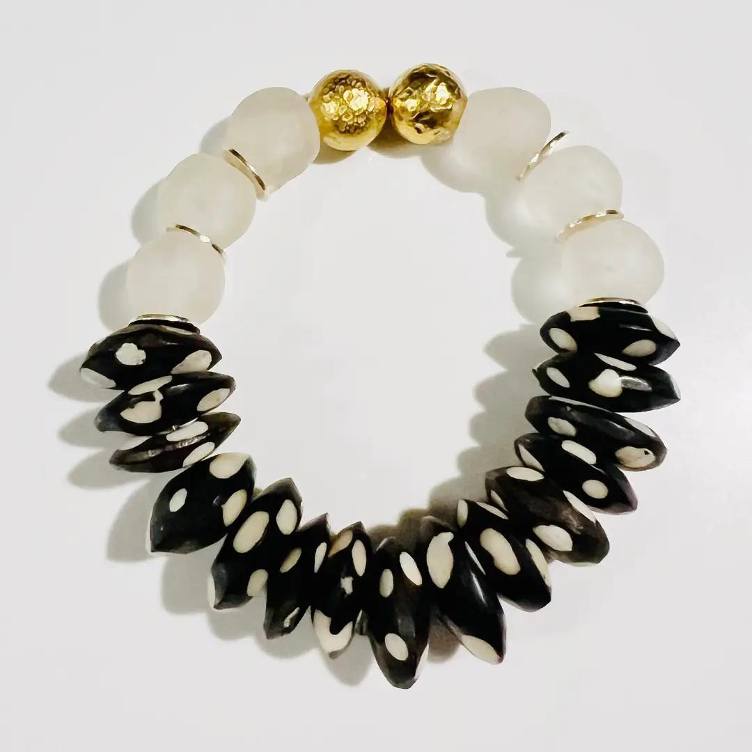 Recycled Glass & Black Polka Dot Bone Bead Stretch Bracelet
