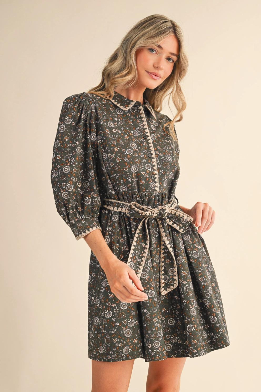 Blanket Stitch Puff Sleeve Floral Mini Dress