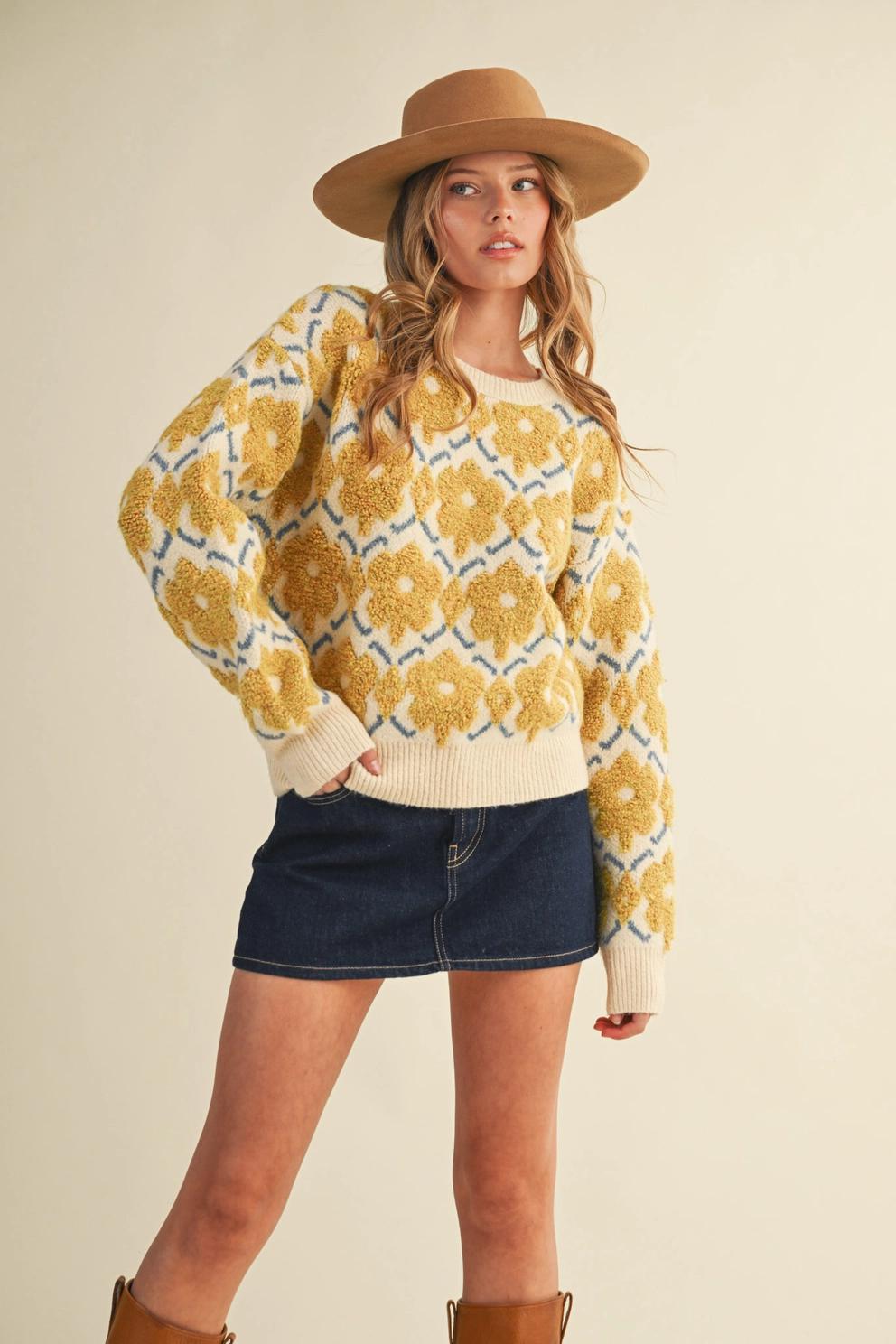 Fuzzy Texture Floral Sweater