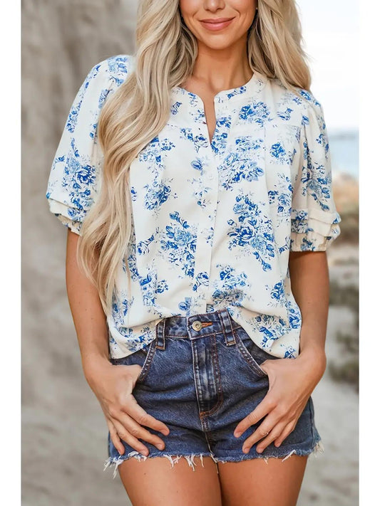 BOHO Floral Pleated Puff Sleeve Button Up Shirt