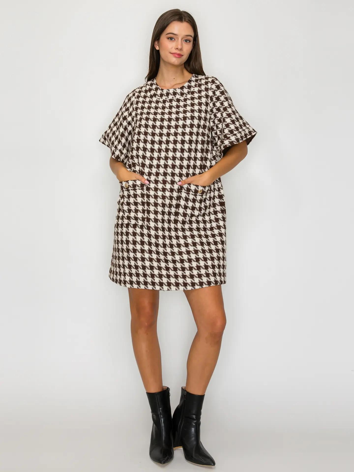 Mocha Latte Houndstooth JQD Mini Dress