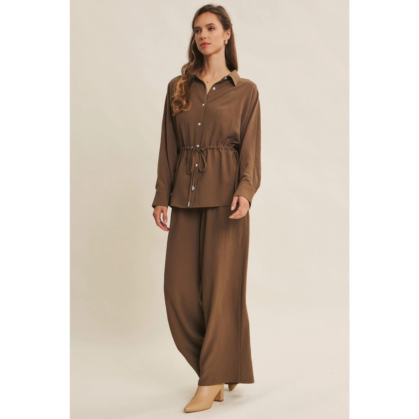 Mocha Button-Down Shirt with Waist Drawstrings