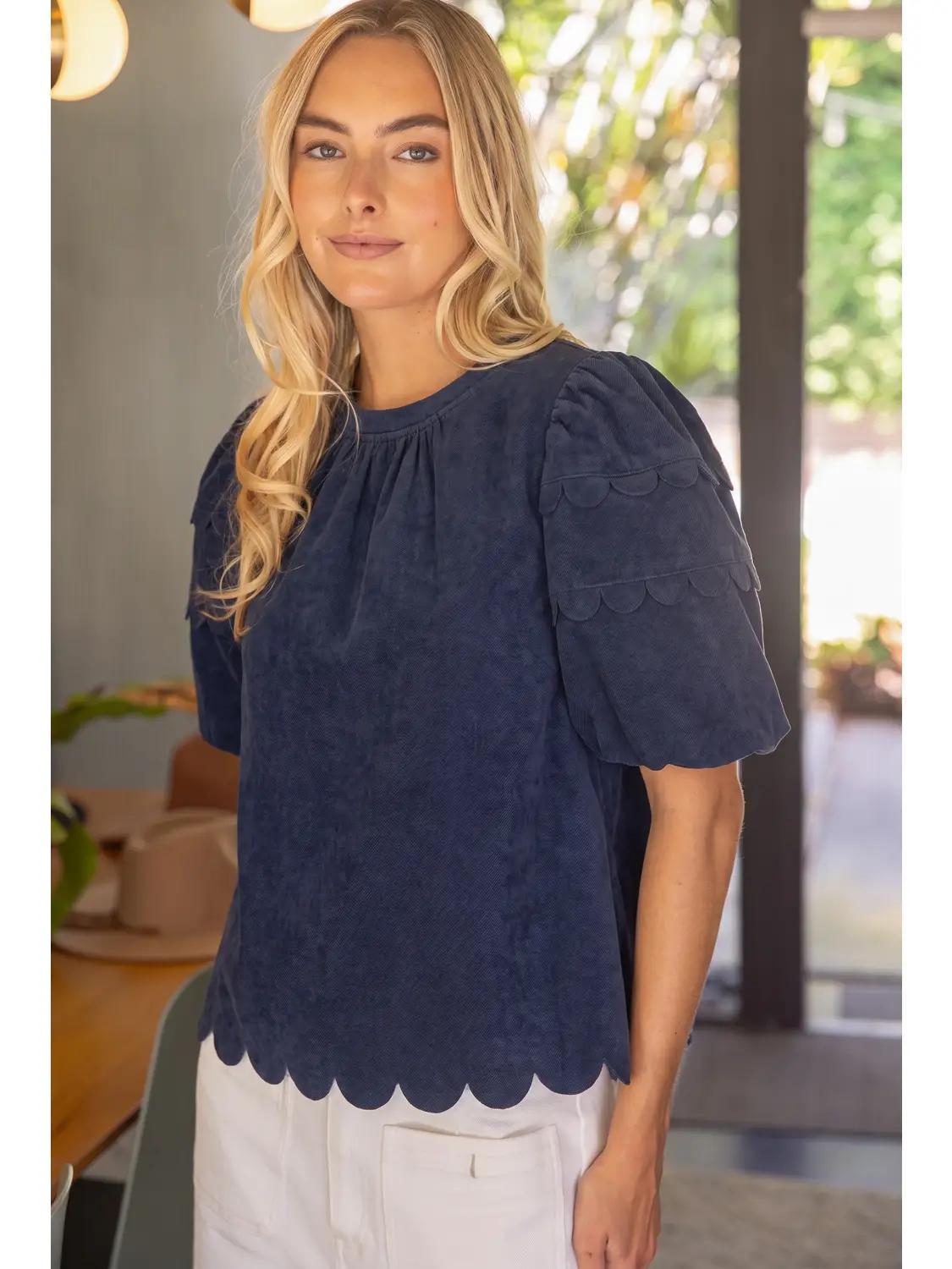 Navy Scalloped Solid Corduroy Top