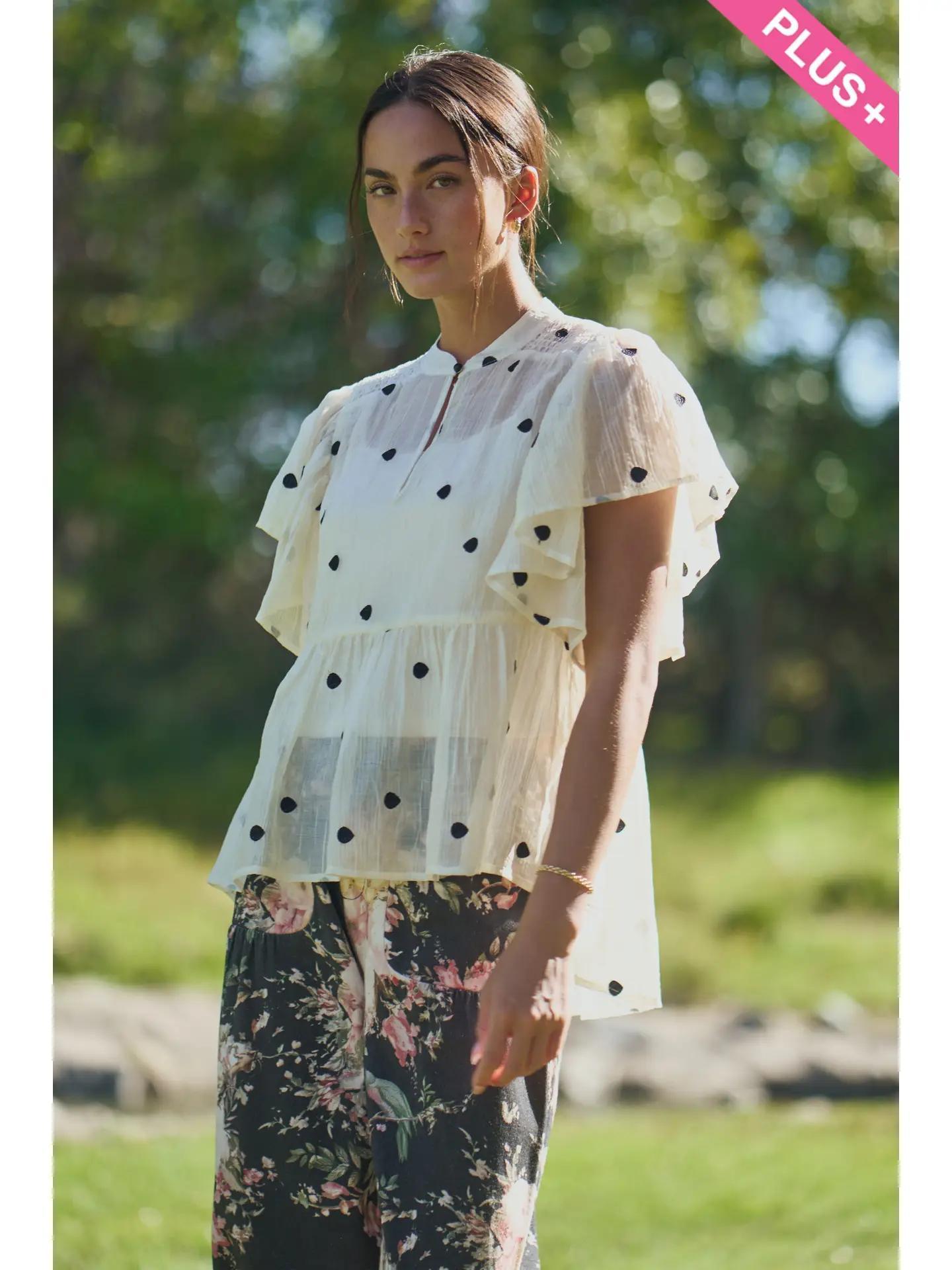 Polka Dot Flutter Sleeve Babydoll Top
