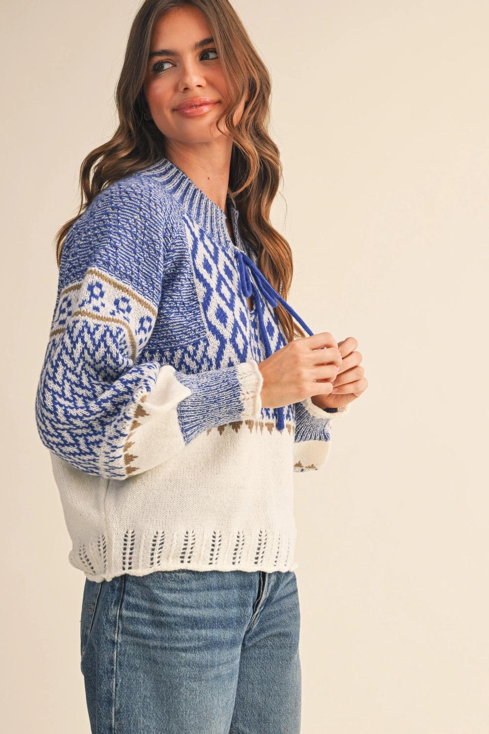 Long Puff Sleeve Nordic Sweater with Pointelle Hem