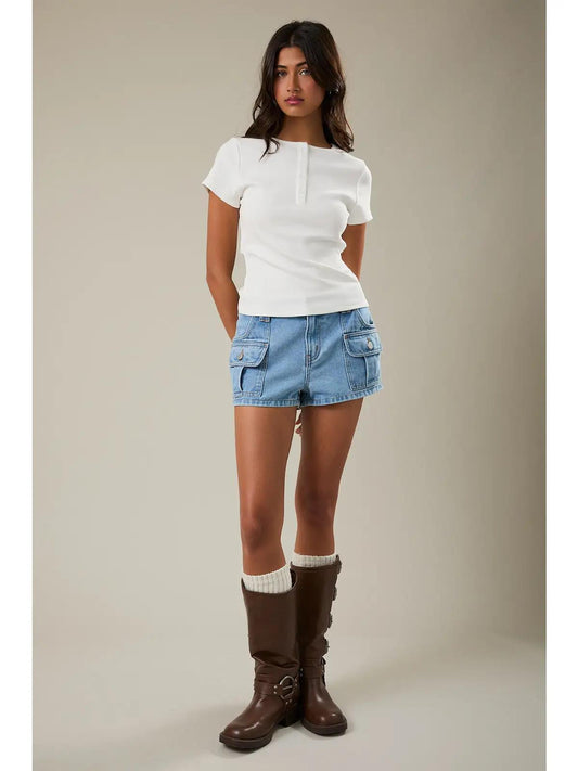 Short Sleeve Henley Knit Top- WHITE