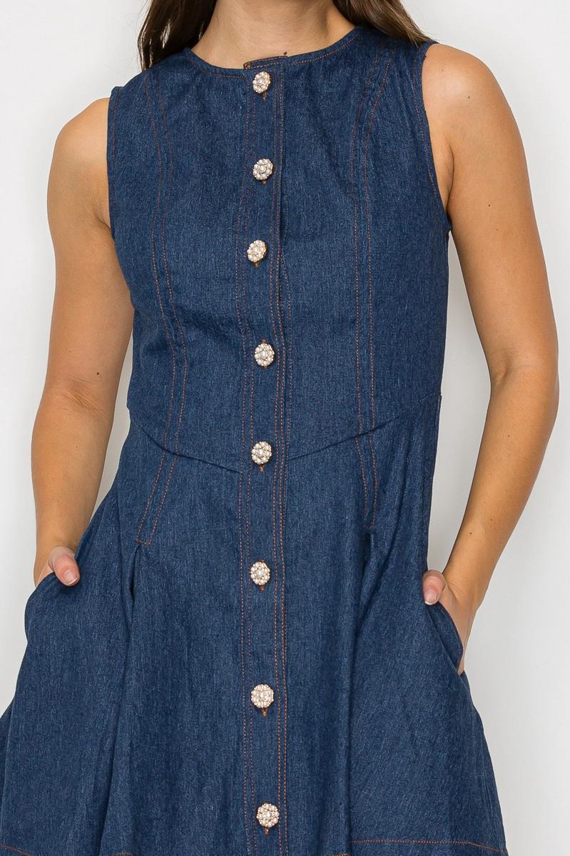 Denim Fit & Flare Mini Dress with Pearl Jewel Button