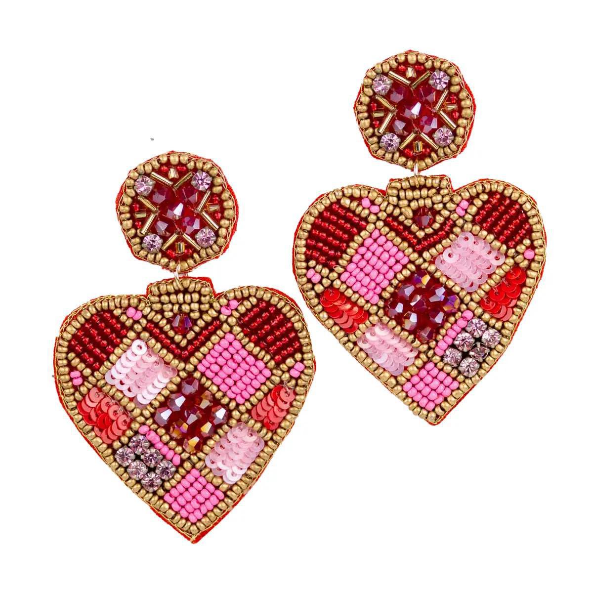 Devotion Heart Beaded Earrings Pink/Red/Gold 3"