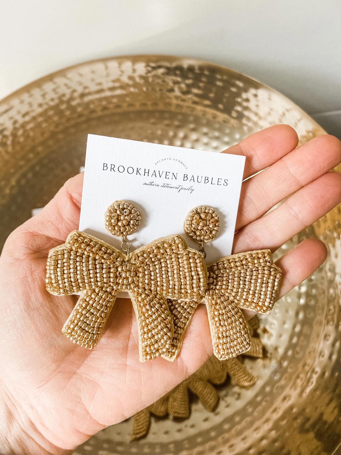 Gold Bow Beaded Statement Christmas Earrings