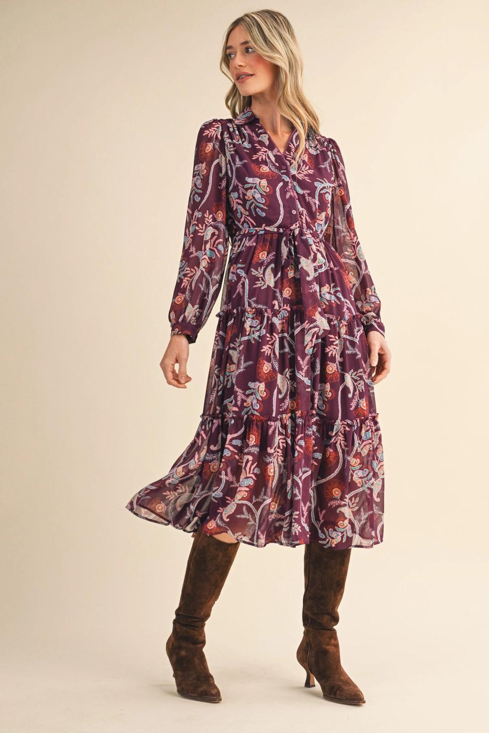 Exclusive Paisley Print Ruffle Tiered Midi Dress