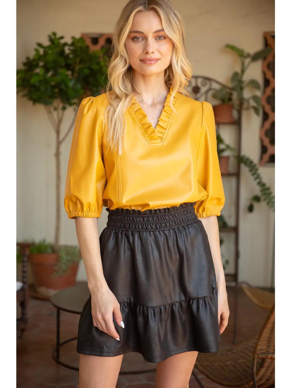 Ruffled V Neck Puff Sleeve Pu Top