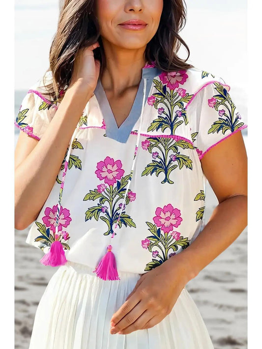 Floral Print Short Sleeve V Neck Blouse