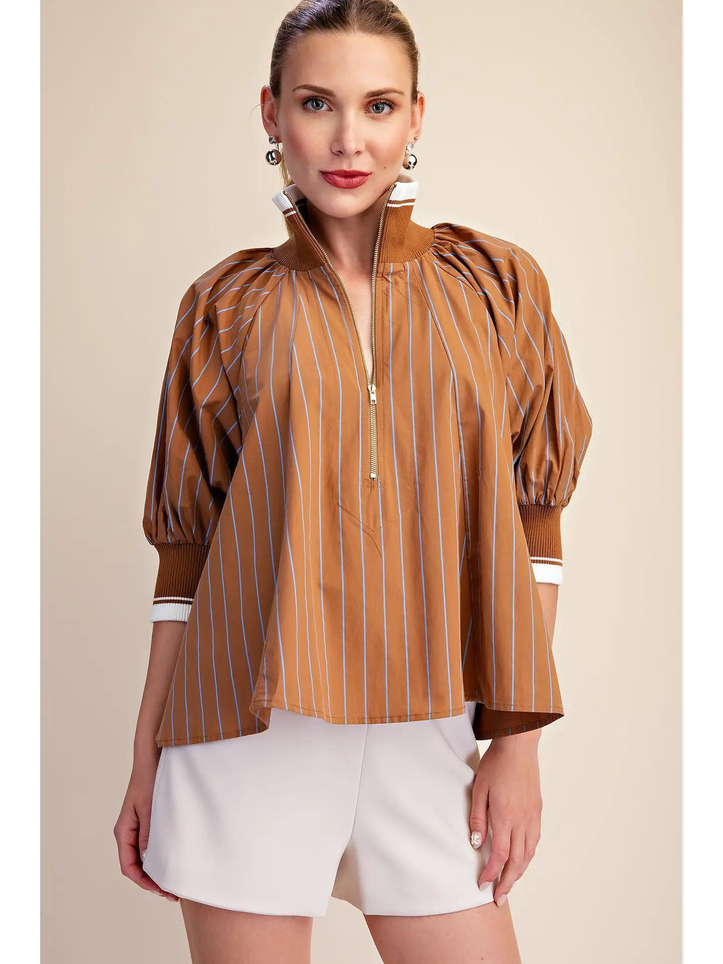 Mock Neck Band Puff Sleeve Stripe Blouse