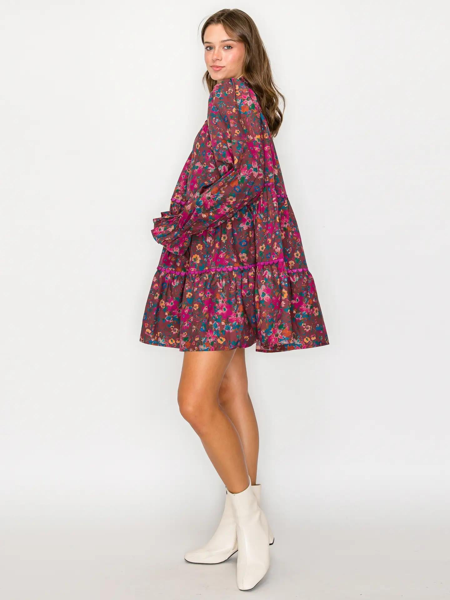 Full Bloom Wild Flower Print Cotton Mini Dress