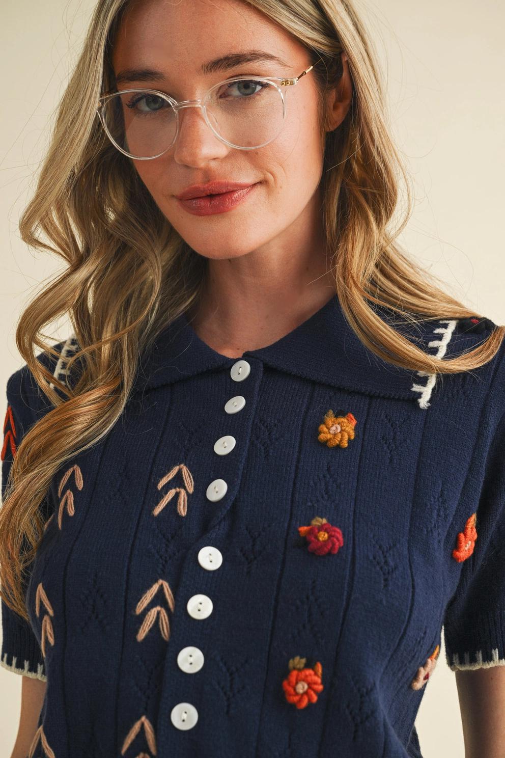 Hand Embroidered Short Sleeve Button Down Sweater