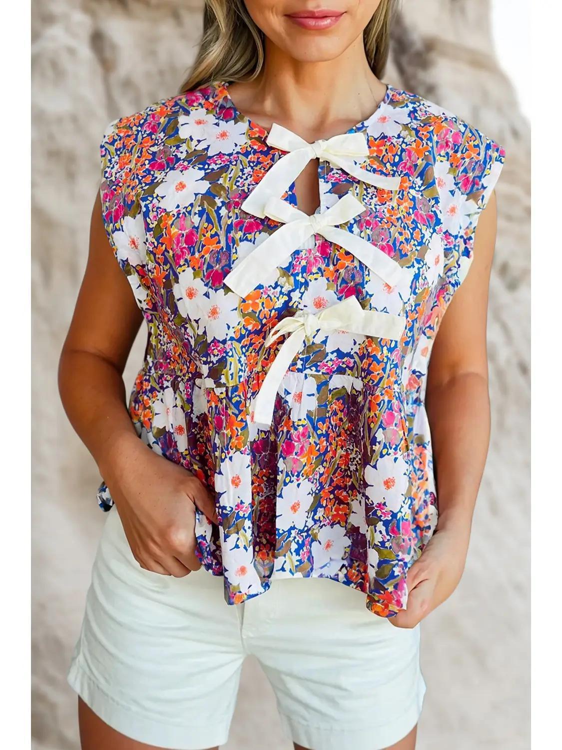 Floral Print Bow Applique Slit Peplum Blouse
