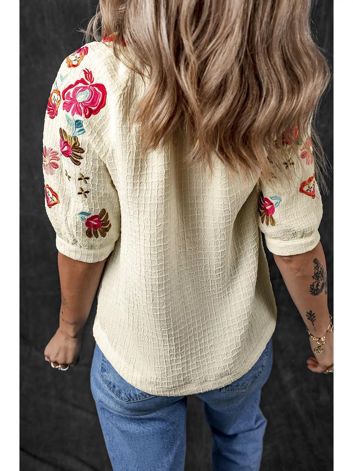 Chic Floral Embroidered Ricrac V Neck Blouse