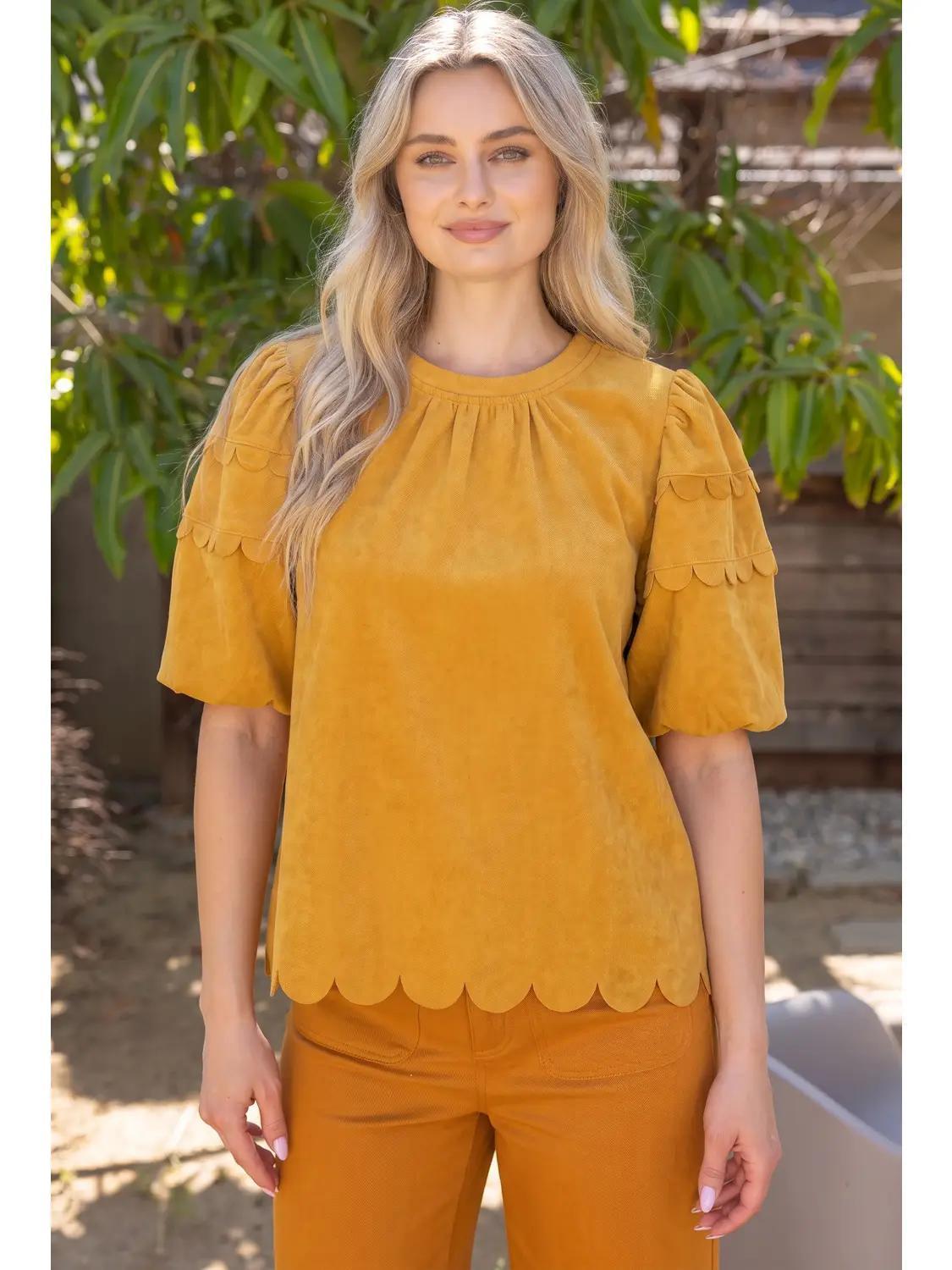 Mustard Scalloped Solid Corduroy Top