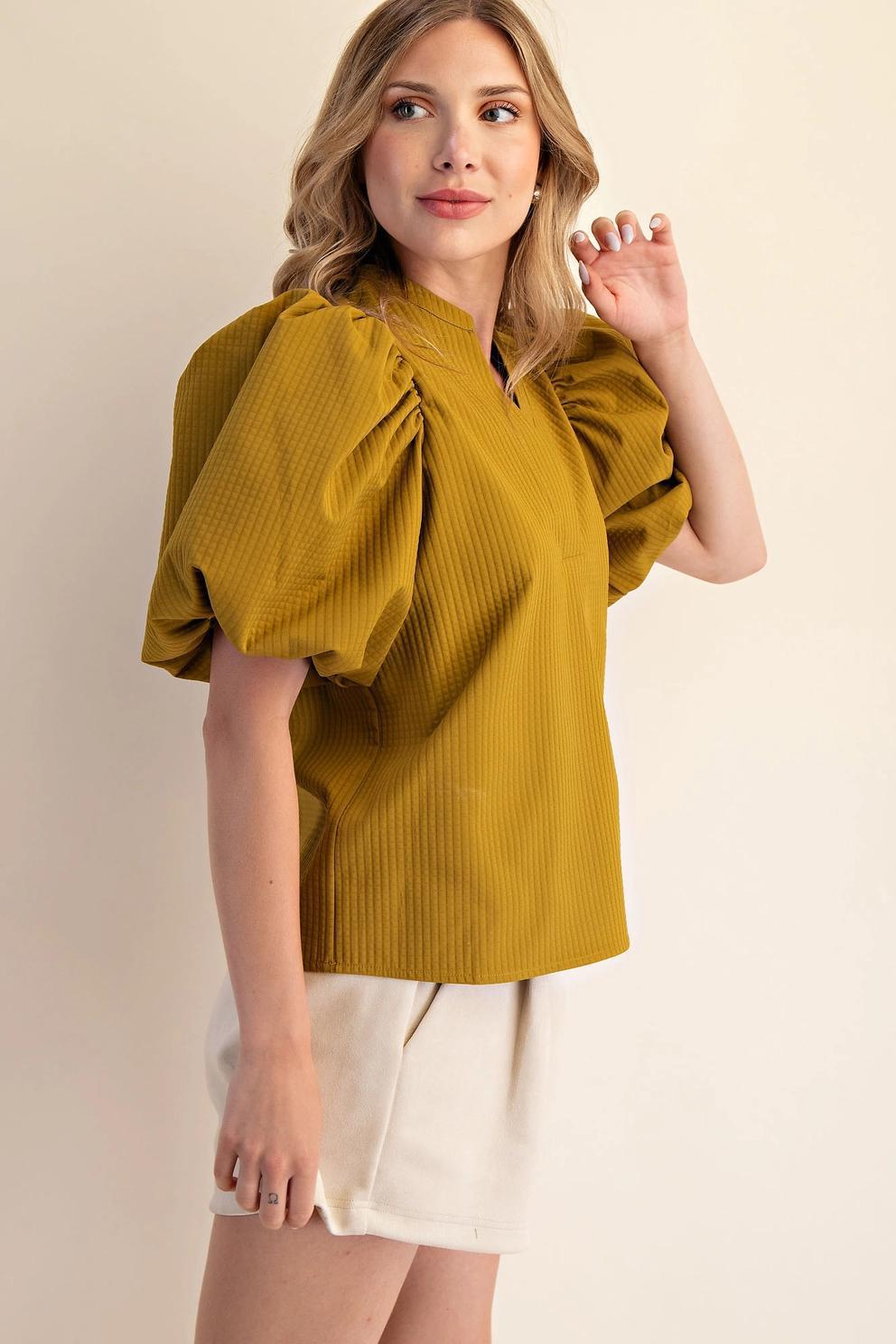 V-Neck Puff Sleeve Top (Mustard)