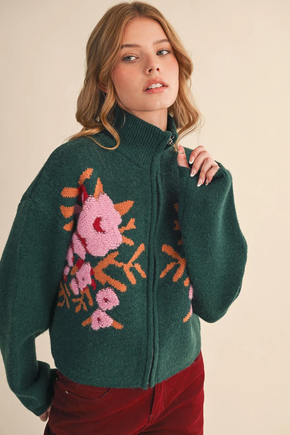 Floral Zip Up Sweater Cardigan