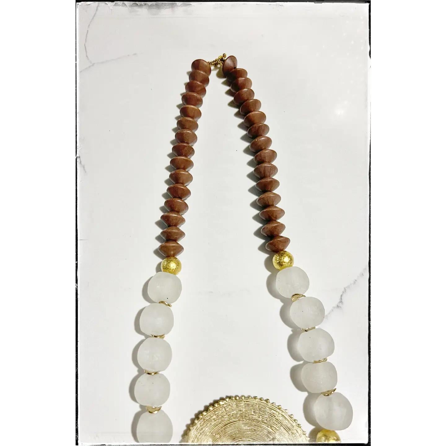Brass Baule Pendant Necklace w/ Wood & Glass Bead- White