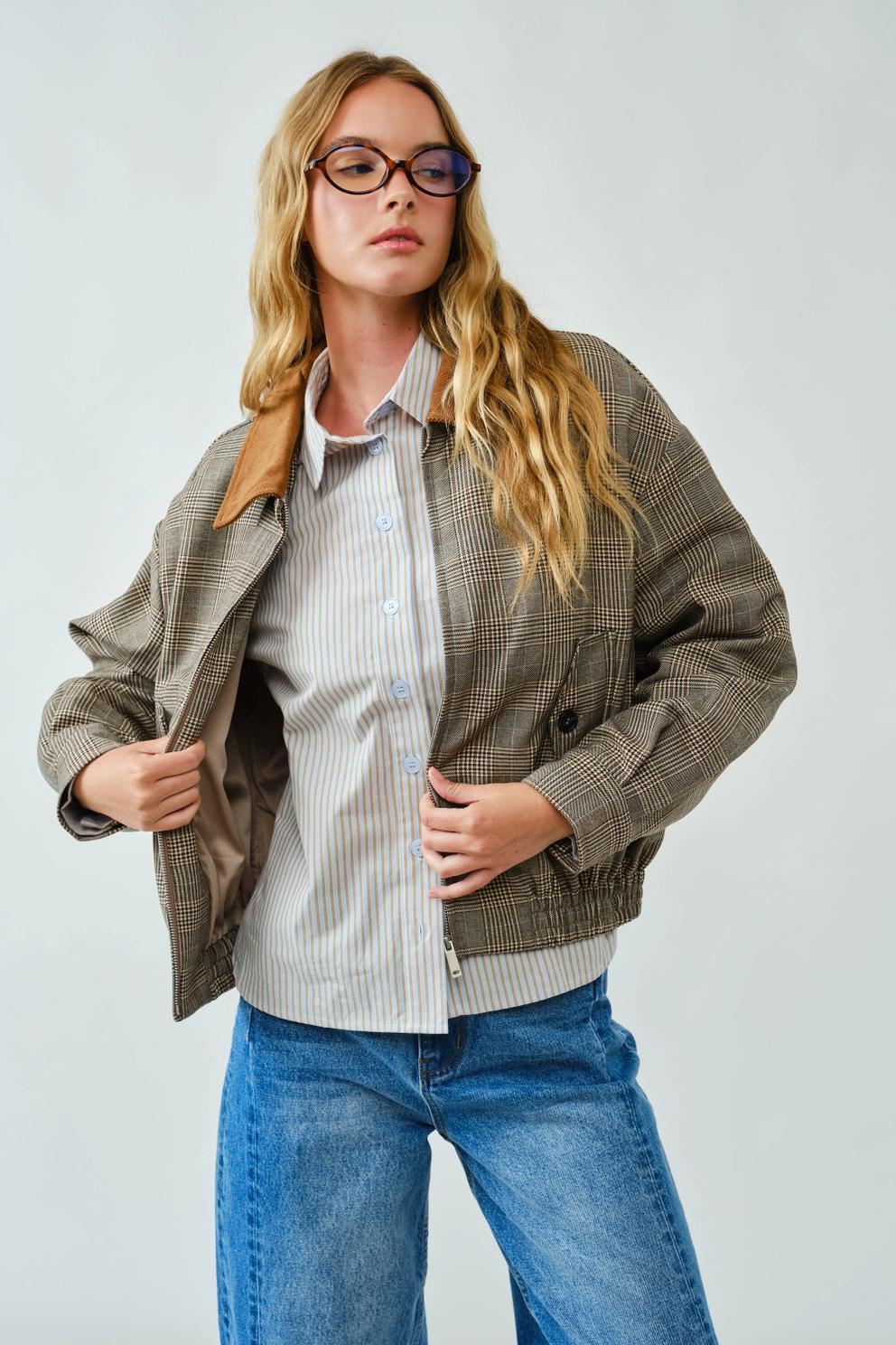 Classic Plaid Bomber Collar Jacket