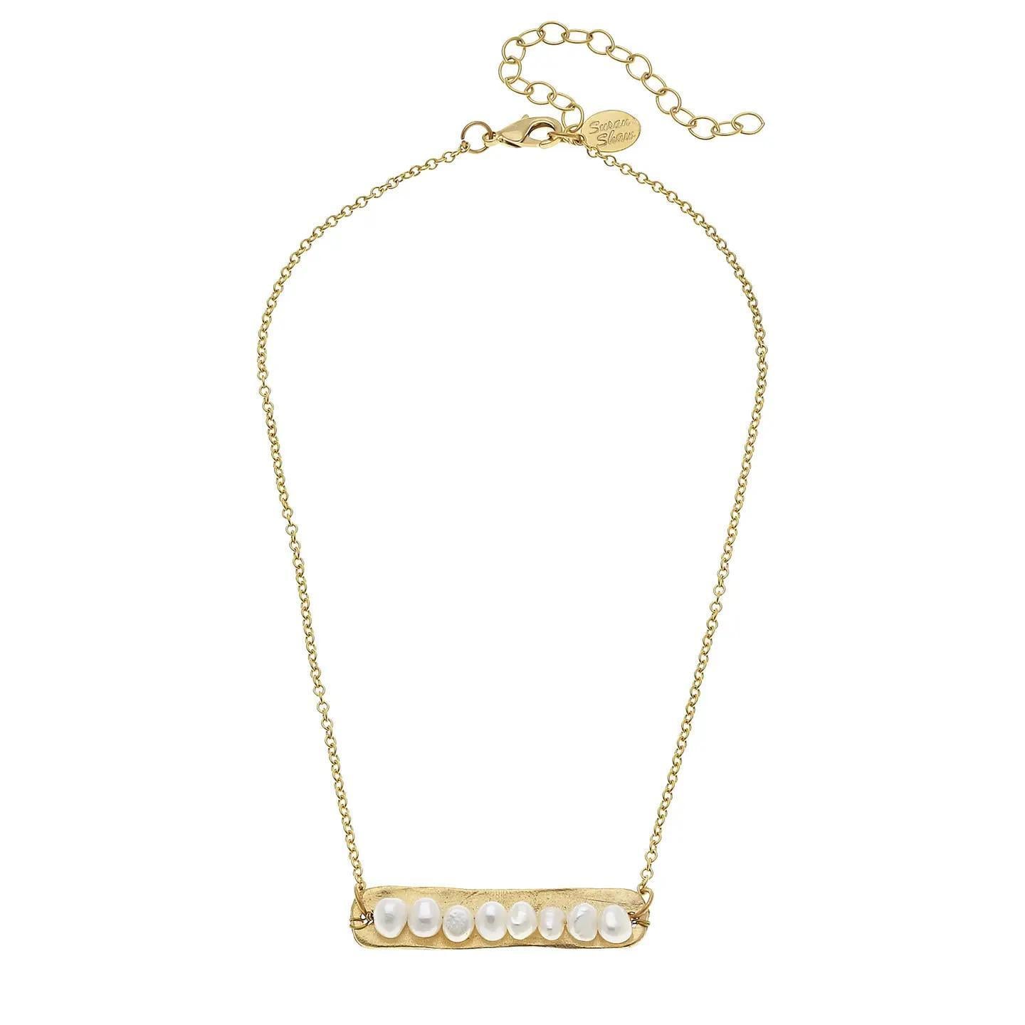 Genuine Freshwater Pearls On Gold Bar Necklace