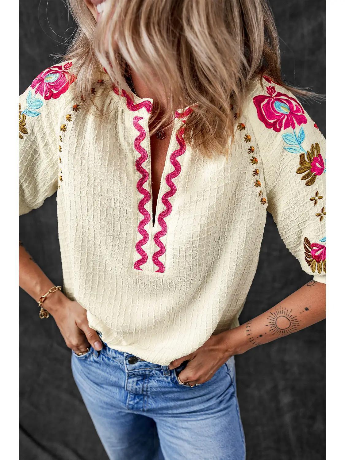 Chic Floral Embroidered Ricrac V Neck Blouse