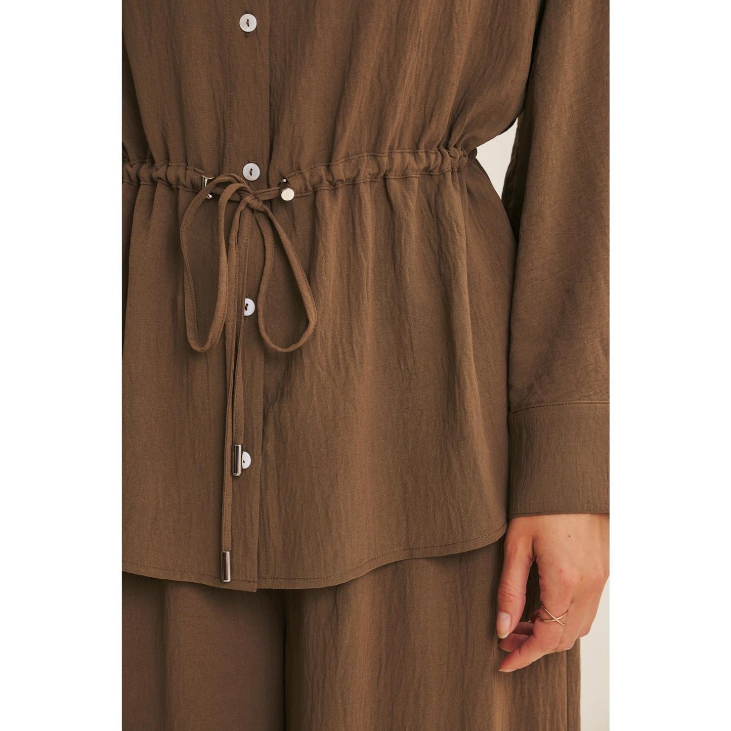 Mocha Button-Down Shirt with Waist Drawstrings