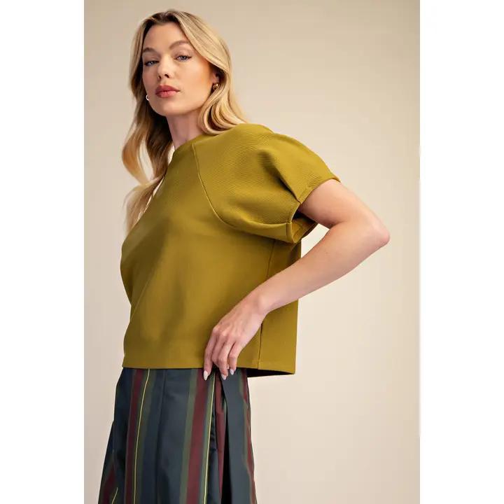 Round Neck Puff Short Sleeve Pullover Top- Lt Olive