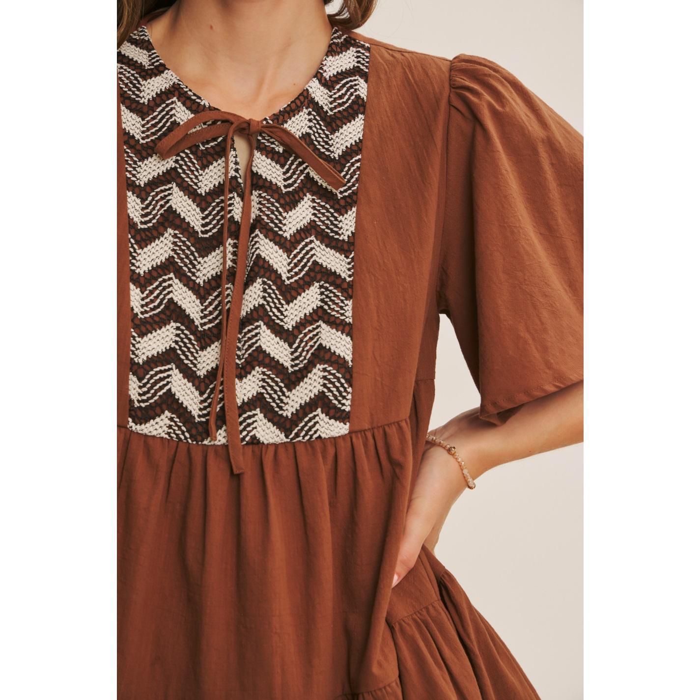 Boho Charm Crochet Yoke Tiered Cotton Mini Dress