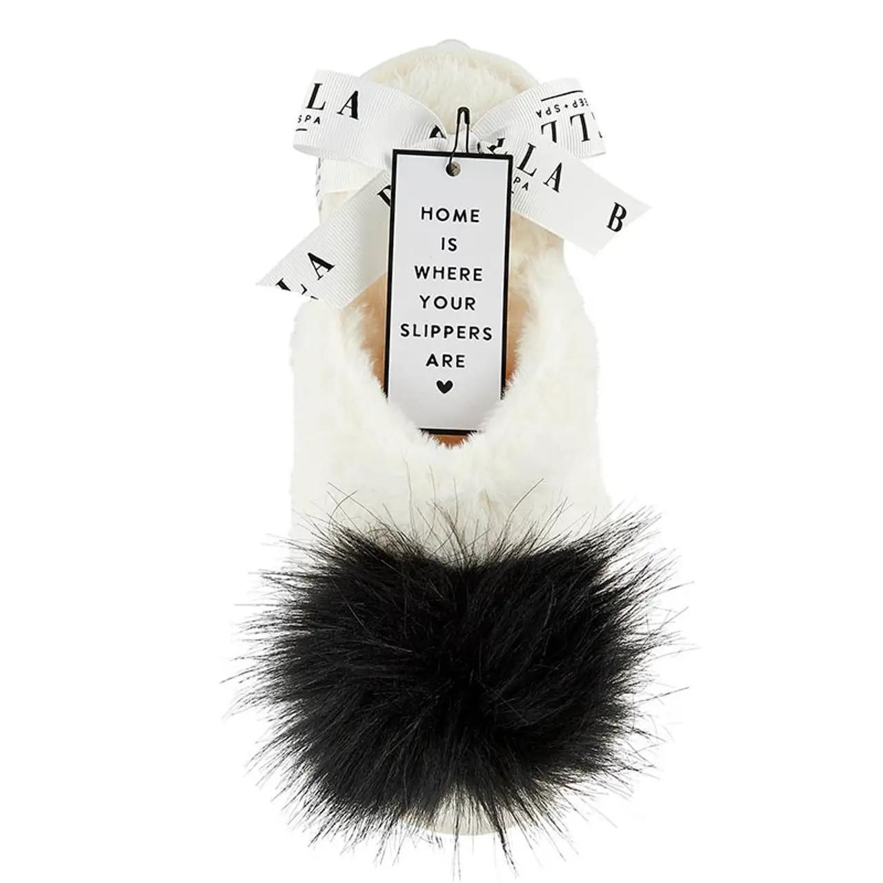 Plush Slippers - Ivory with Black Pom Pom