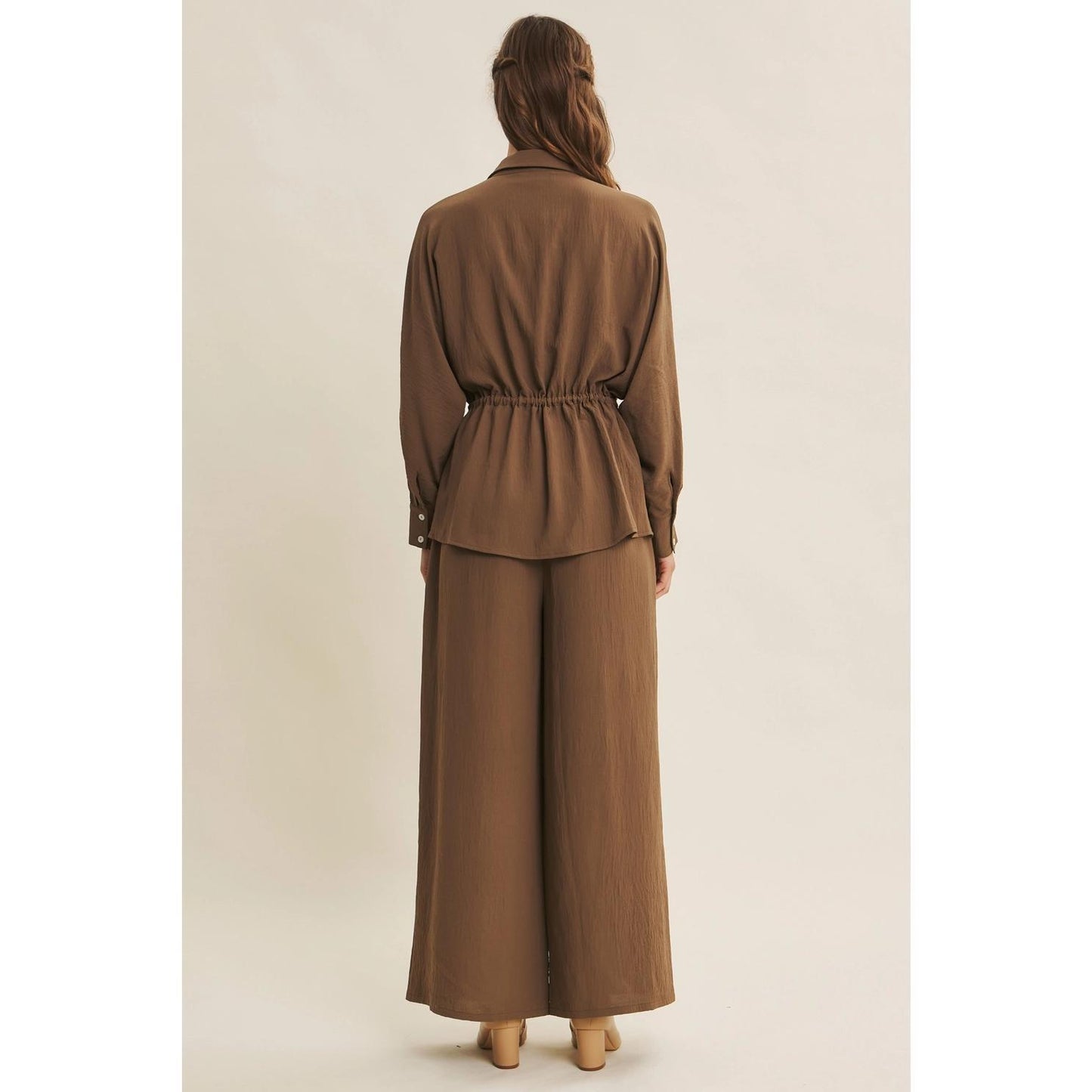 Mocha Button-Down Shirt with Waist Drawstrings