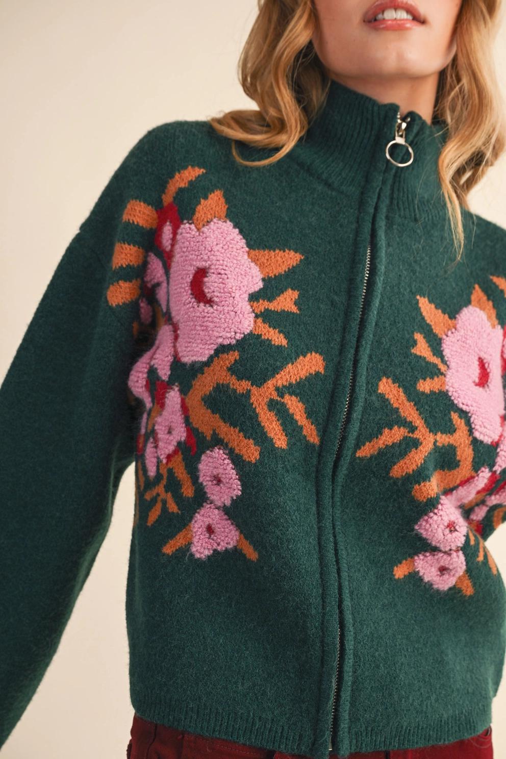 Floral Zip Up Sweater Cardigan
