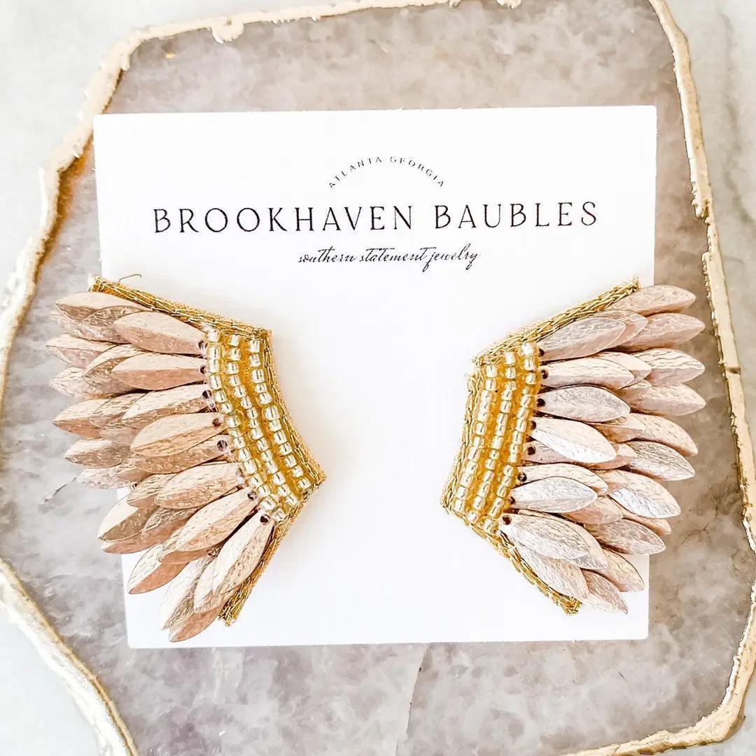 Rose Gold Sequin Wing Beaded Statement Earrings