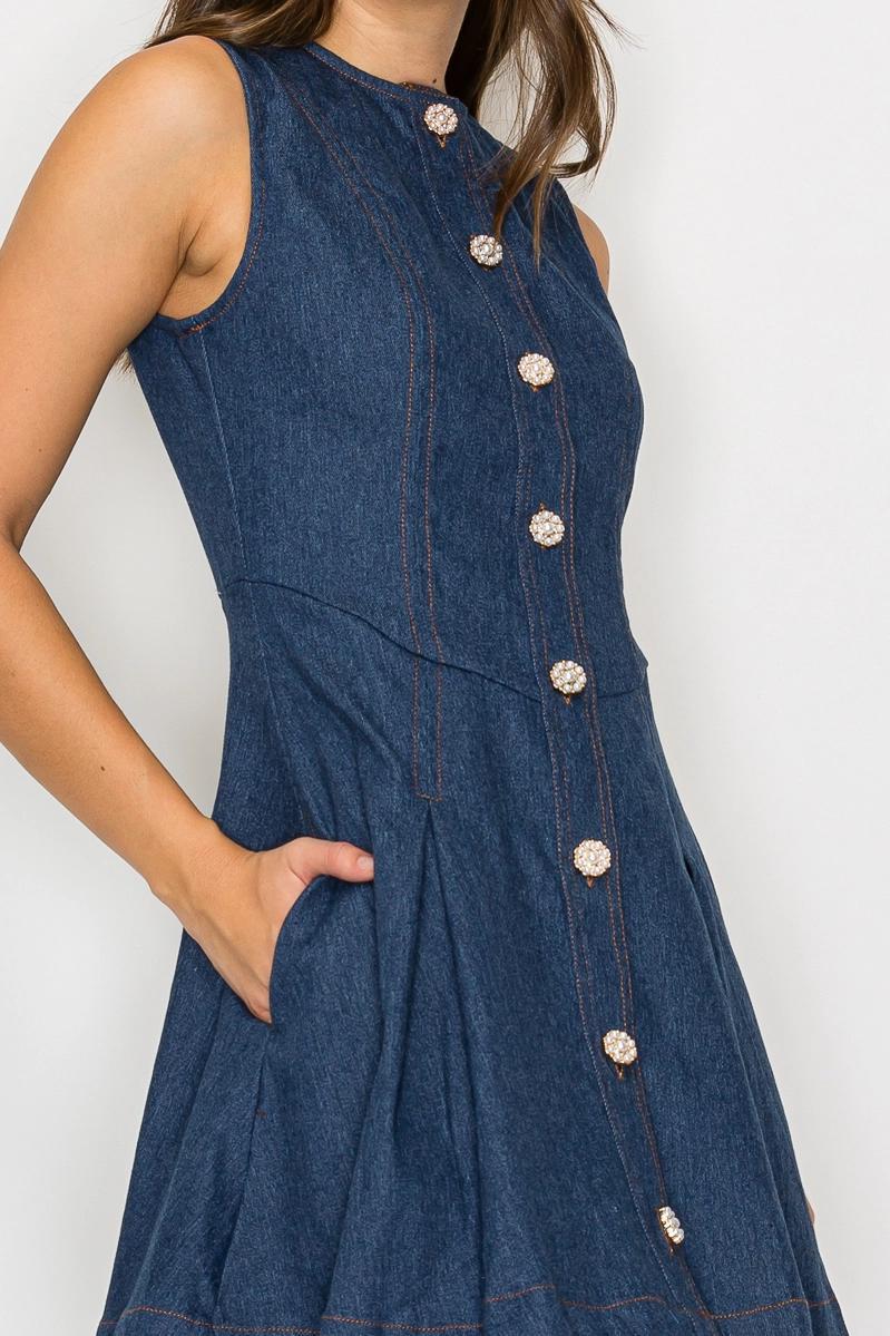 Denim Fit & Flare Mini Dress with Pearl Jewel Button