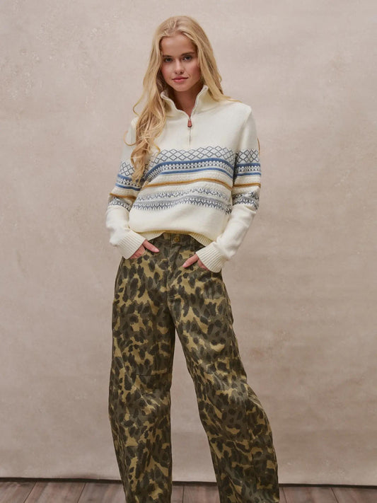 Fair Isle Quarter Zip Knit Sweater