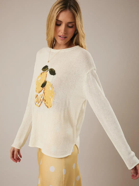 Round Roll Up Neck Lemon Graphic Sweater