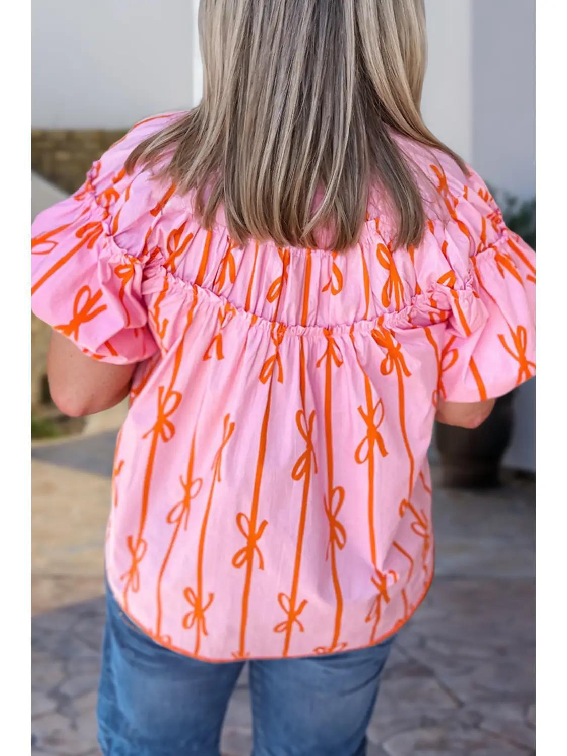 Bowknot Print Shirred V Neck Summer Blouse