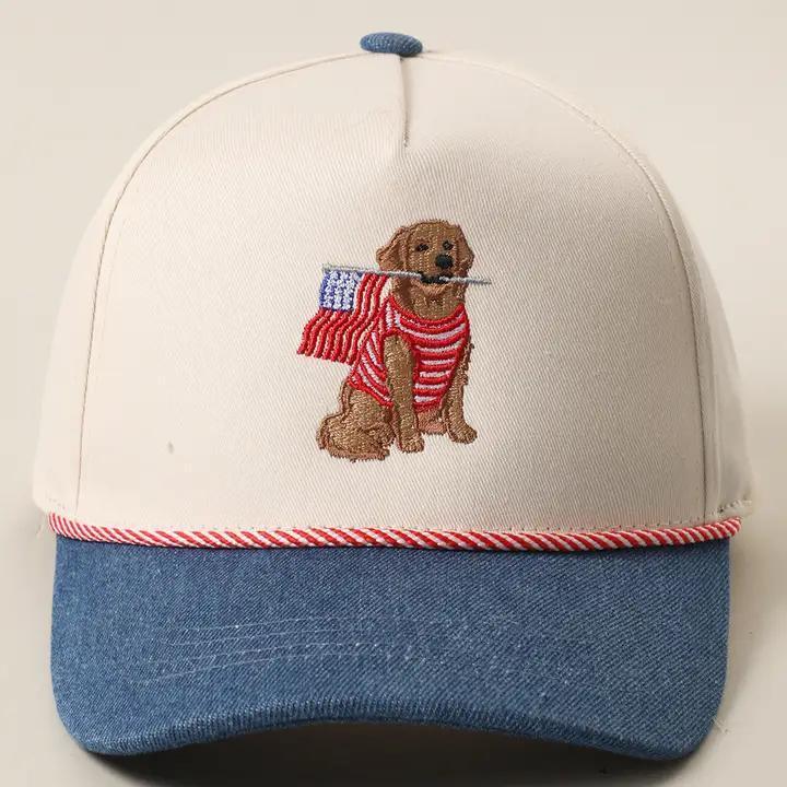 Golden Retriever Holding USA Flag Trucker Hat