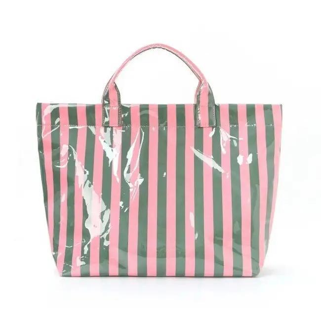 Large Striped Vinyl Tote Bags- Pink Green