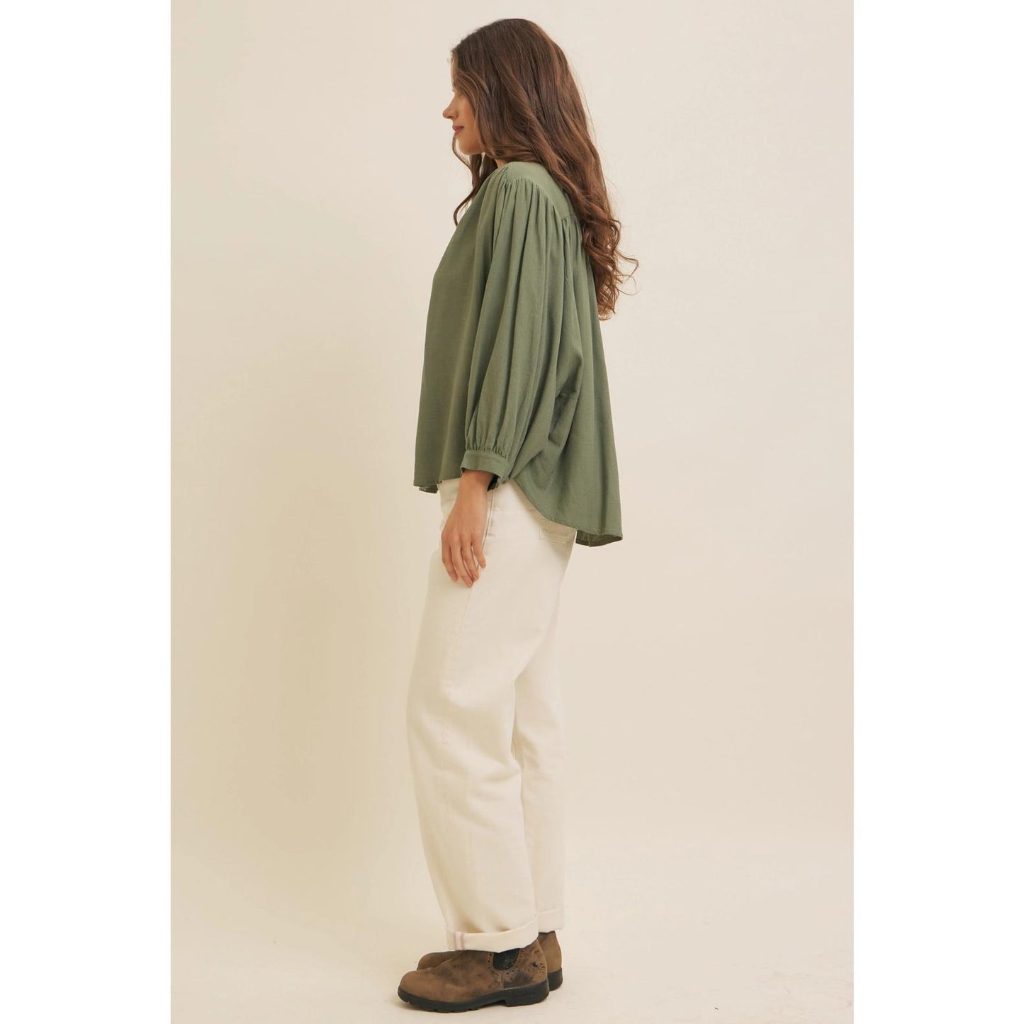 Olive Linen Blend Oversized Button-Down Blouse