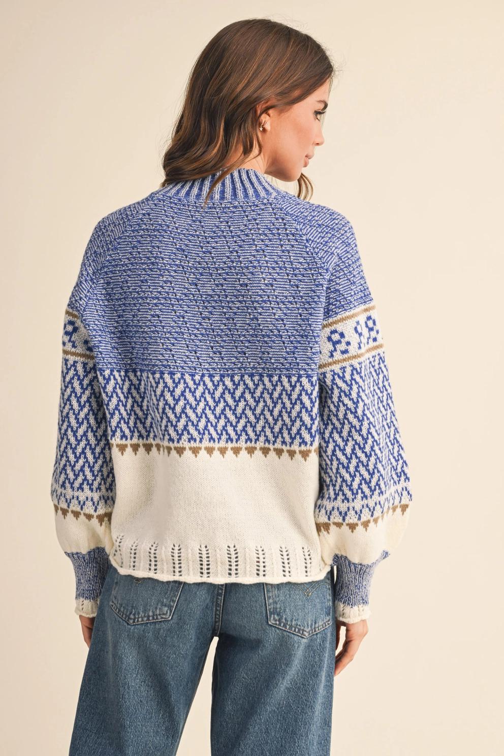 Long Puff Sleeve Nordic Sweater with Pointelle Hem