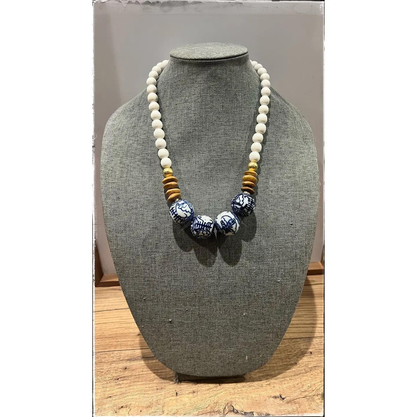 Wood, Glass Bone Bead Short Necklace Layering Chinoiserie